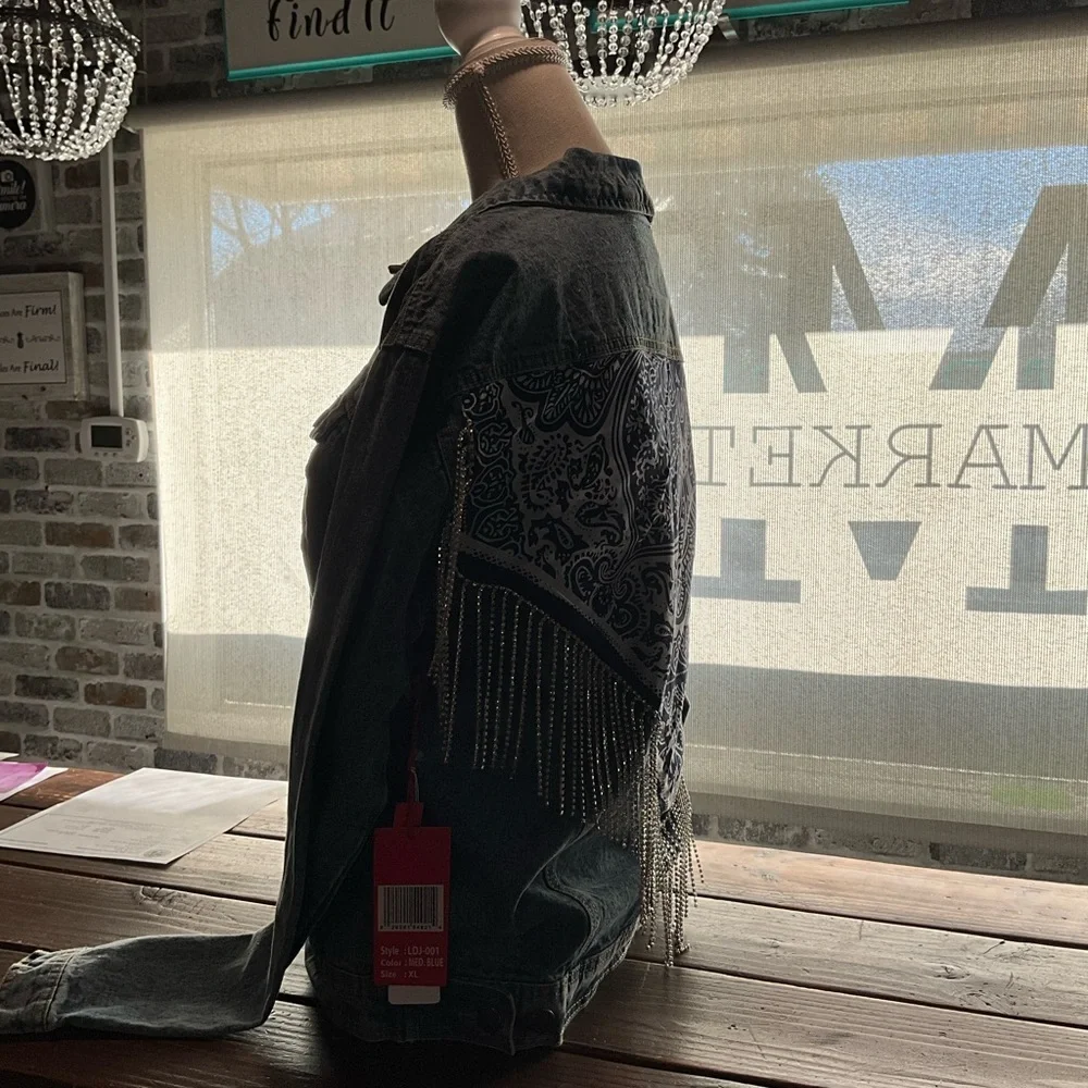 One of a Kind Handmade Denim Jacket with Paisley Design Back with Rhinestones - Picture 2 of 7